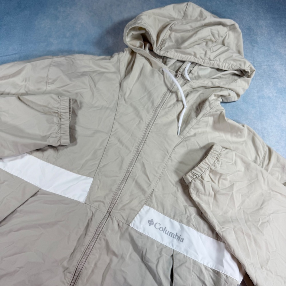 Columbia Windbreaker Men Large Beige Excellent Full Zip Hooded Jacket WM7321